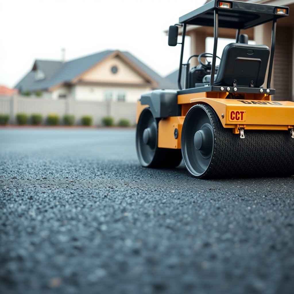 <clean photorealistic photo/illustration of a freshly laid AsphaltPavePro driveway with a