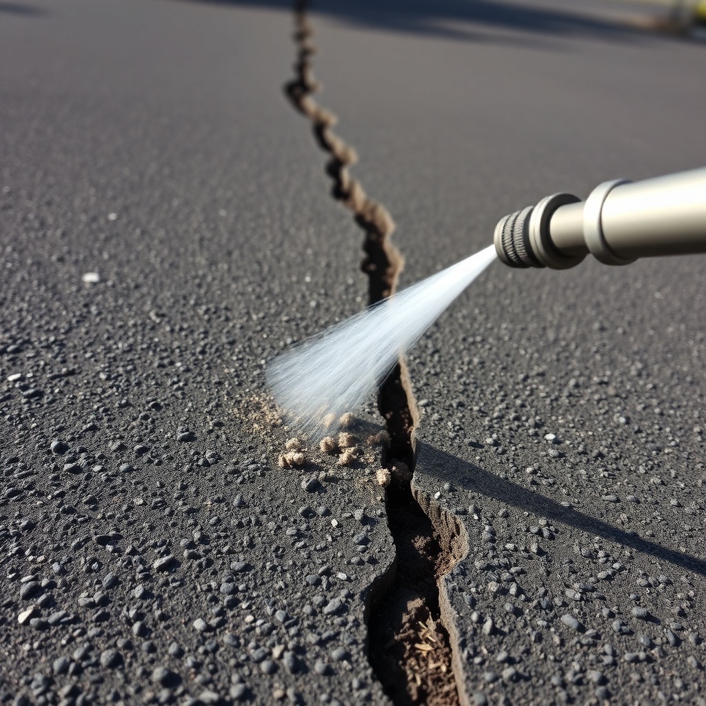A close-up photorealistic shot of an asphalt driveway with a wide crack being cleaned with