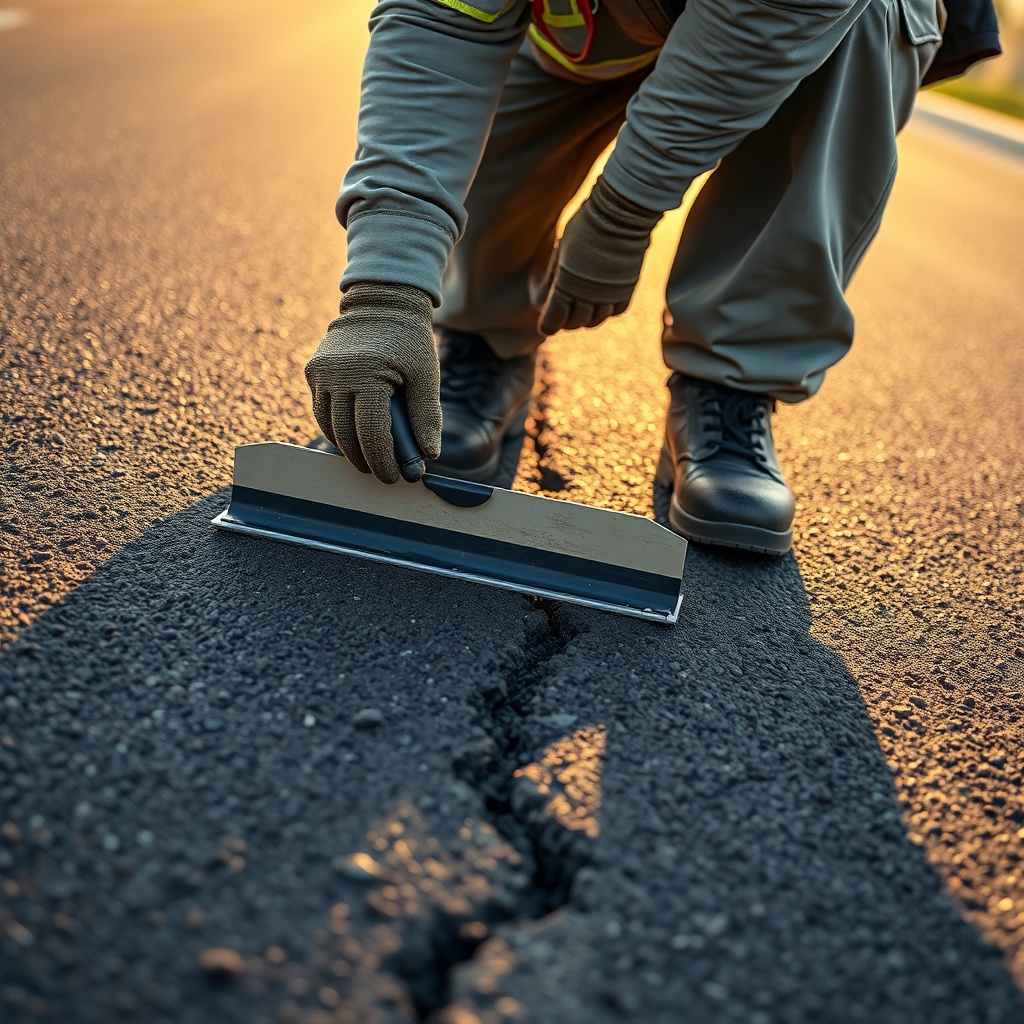 A photorealistic photo of a worker applying the second coat of AsphaltPavePro crack filler