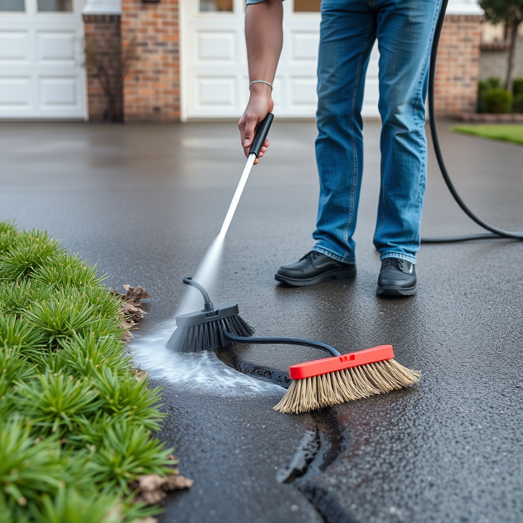 <clean photorealistic photo of a homeowner pressure washing a driveway crack area with a s