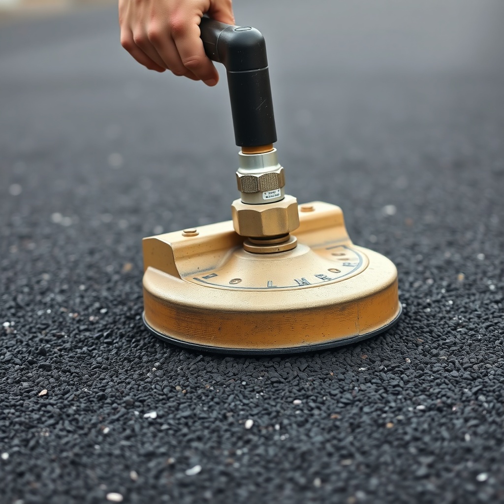 <clean photorealistic photo of a hand tamper being used on a thick layer of asphalt patch