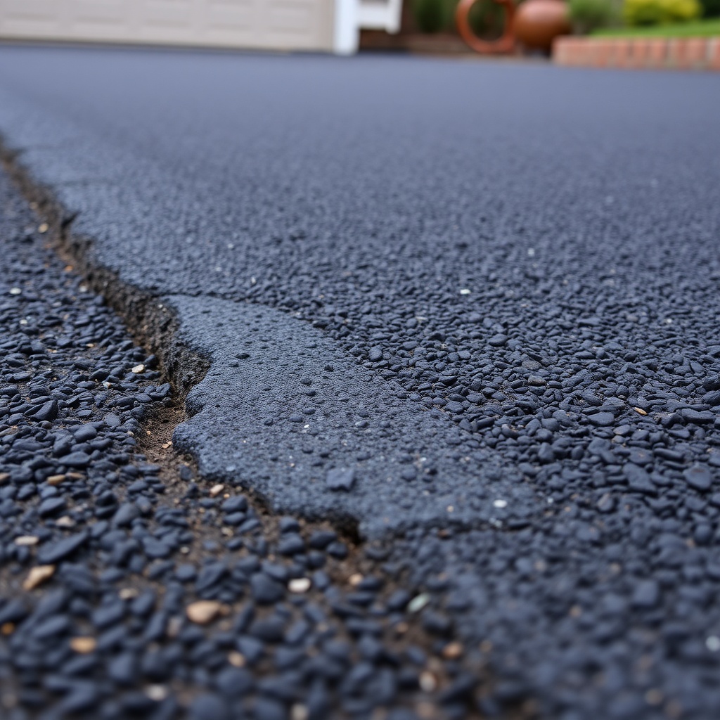 A close-up photo of a cold patch on a driveway a few months after application