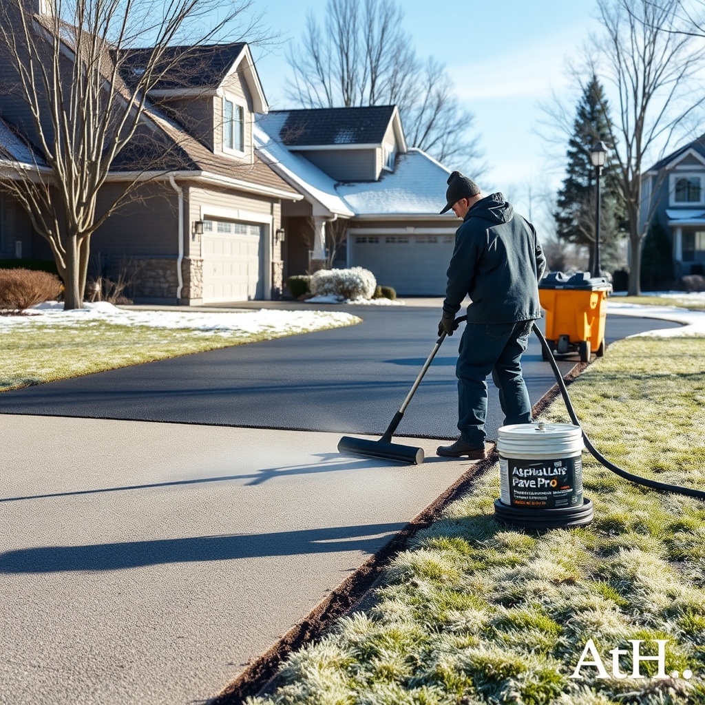 A clean photorealistic photo of a contractor applying AsphaltPavePro sealcoat to a residen