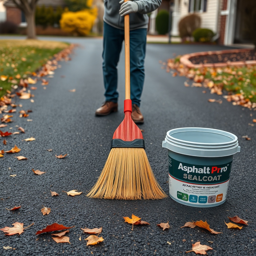 A clean photorealistic photo of a homeowner sweeping a dry asphalt driveway with a stiff b