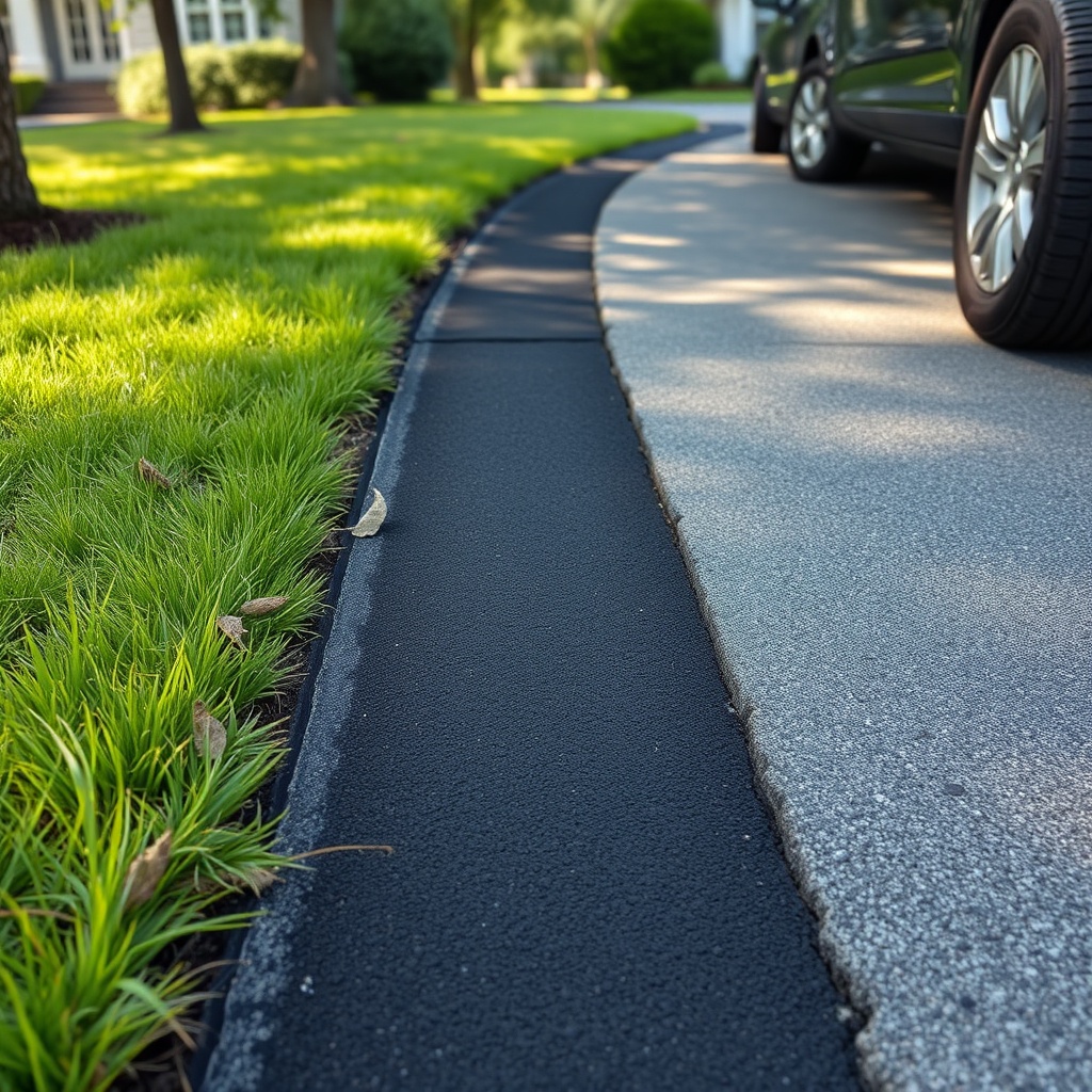 A photorealistic wide shot of a cured AsphaltPavePro crack repair on a residential drivewa