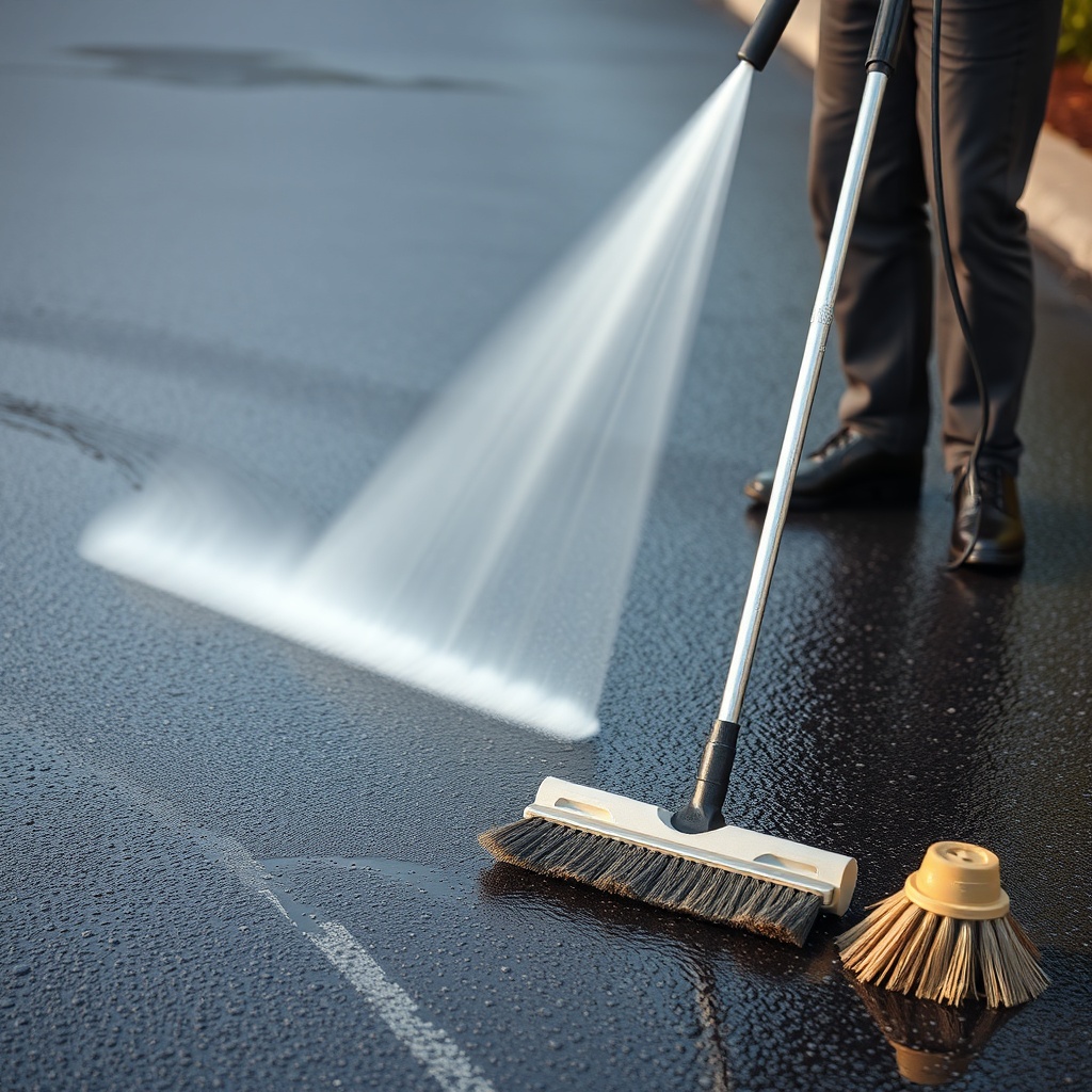 A clean photorealistic photo of a pressure washer cleaning an asphalt driveway