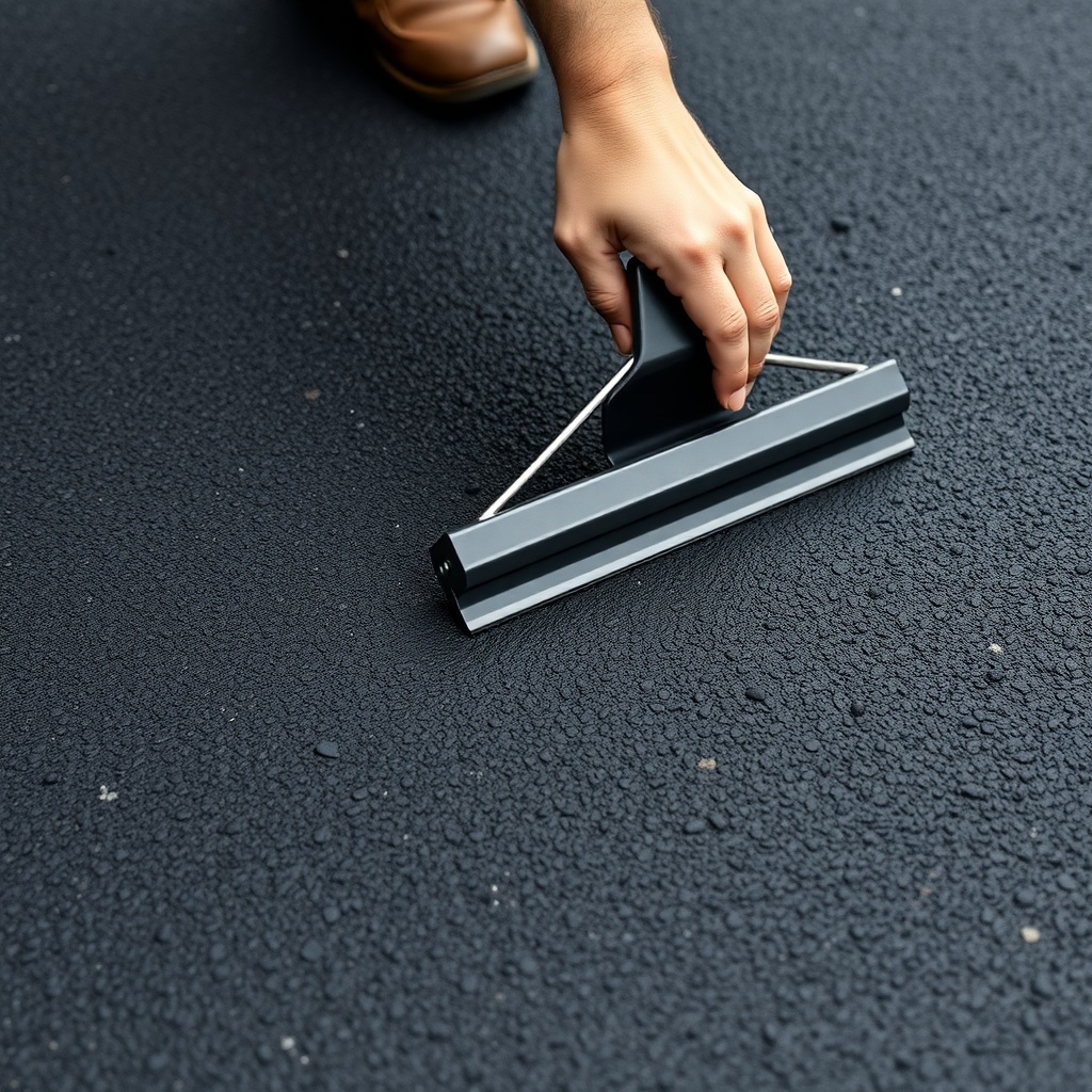 A photorealistic photo up close of a hand smoothing sealcoat with a squeegee on an asphalt