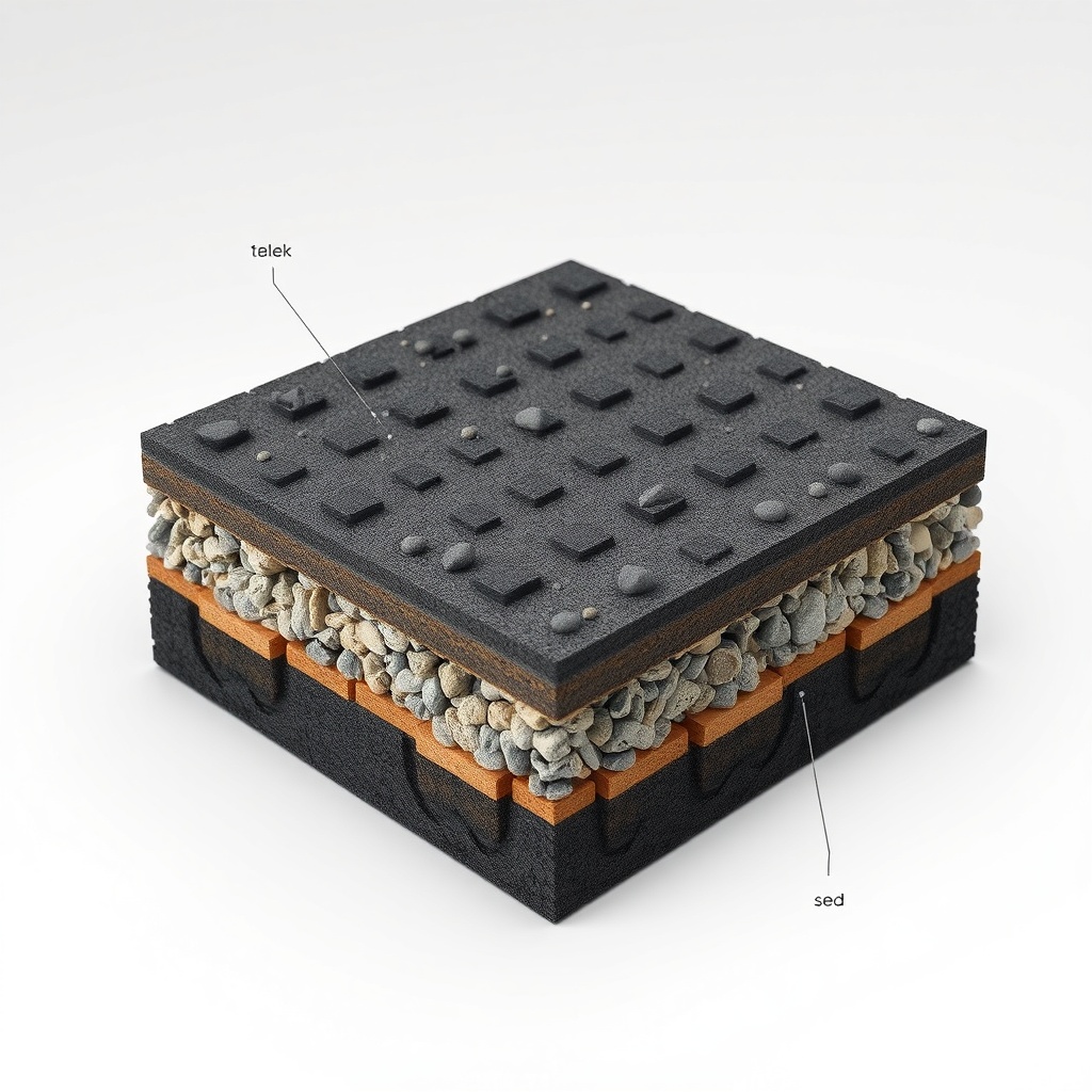 <clean photorealistic photo/illustration showing cross-section of asphalt pavement with la