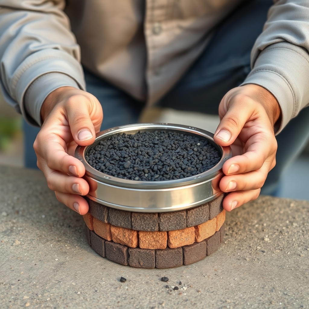 <clean photorealistic photo/illustration of a homeowner inspecting asphalt aggregate sampl