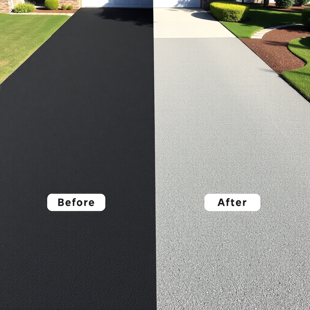 A clean photorealistic photo showing a split driveway comparison: left side with AsphaltPa