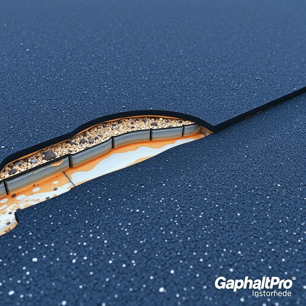 <A clean photorealistic photo of a cross-section of an AsphaltPavePro driveway showing sub
