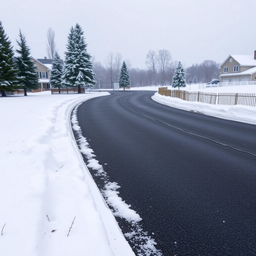 <A clean photorealistic photo of a completed AsphaltPavePro driveway in a snowy landscape