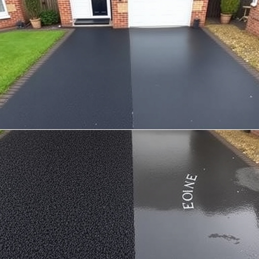 <clean photorealistic photo of a UK driveway partially coated with Rust-Oleum EpoxyShield