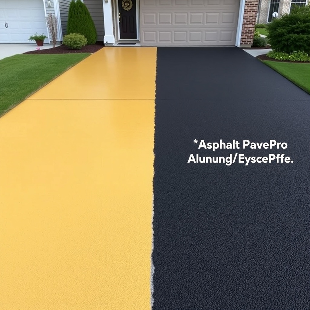 <clean photorealistic photo of a split driveway showing six-month-old Rust-Oleum EpoxyShie