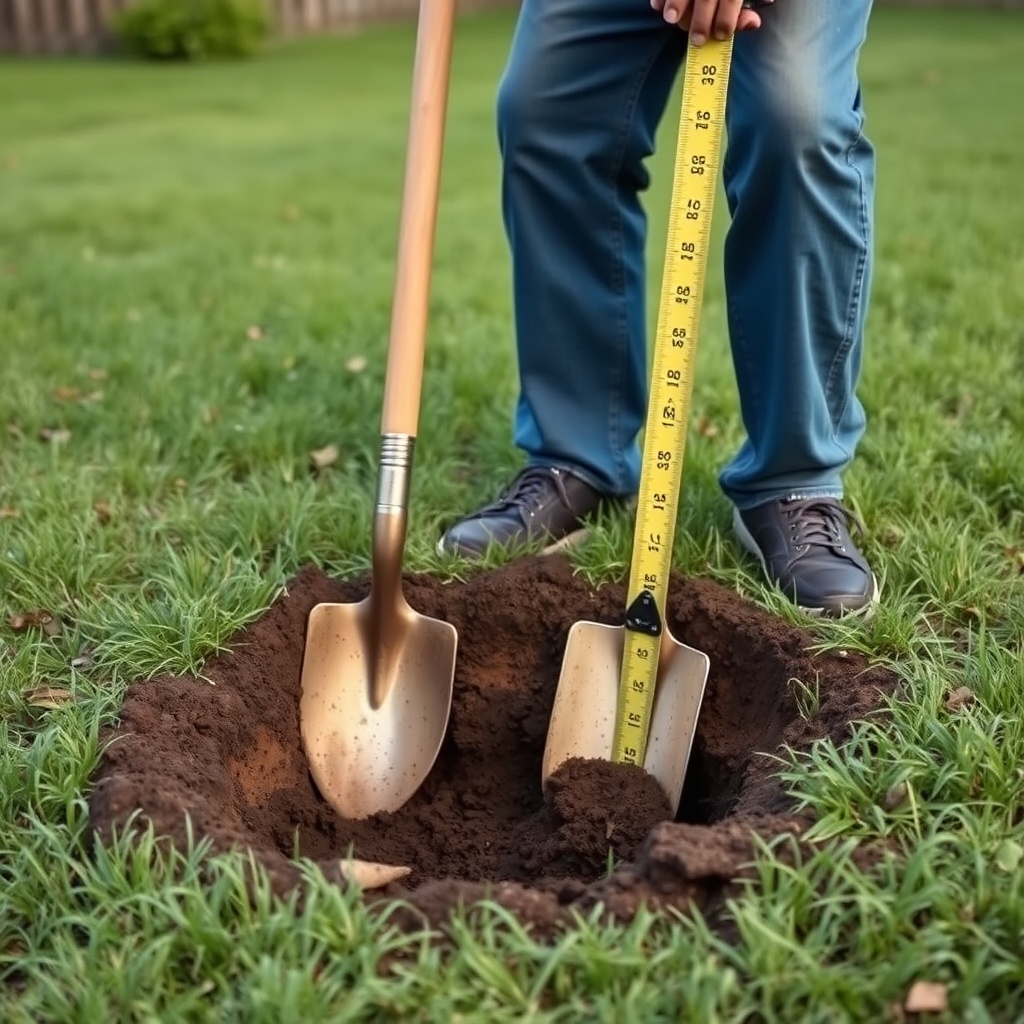 A clean photorealistic photo of a homeowner digging a test pit in a grassy backyard