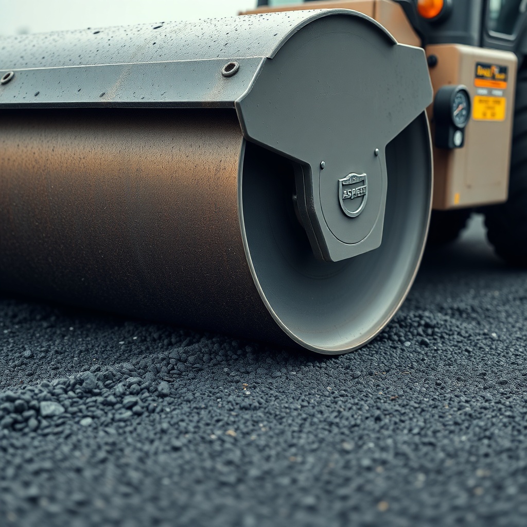 A close-up photorealistic photo of a compaction roller rolling over fresh AsphaltPavePro m