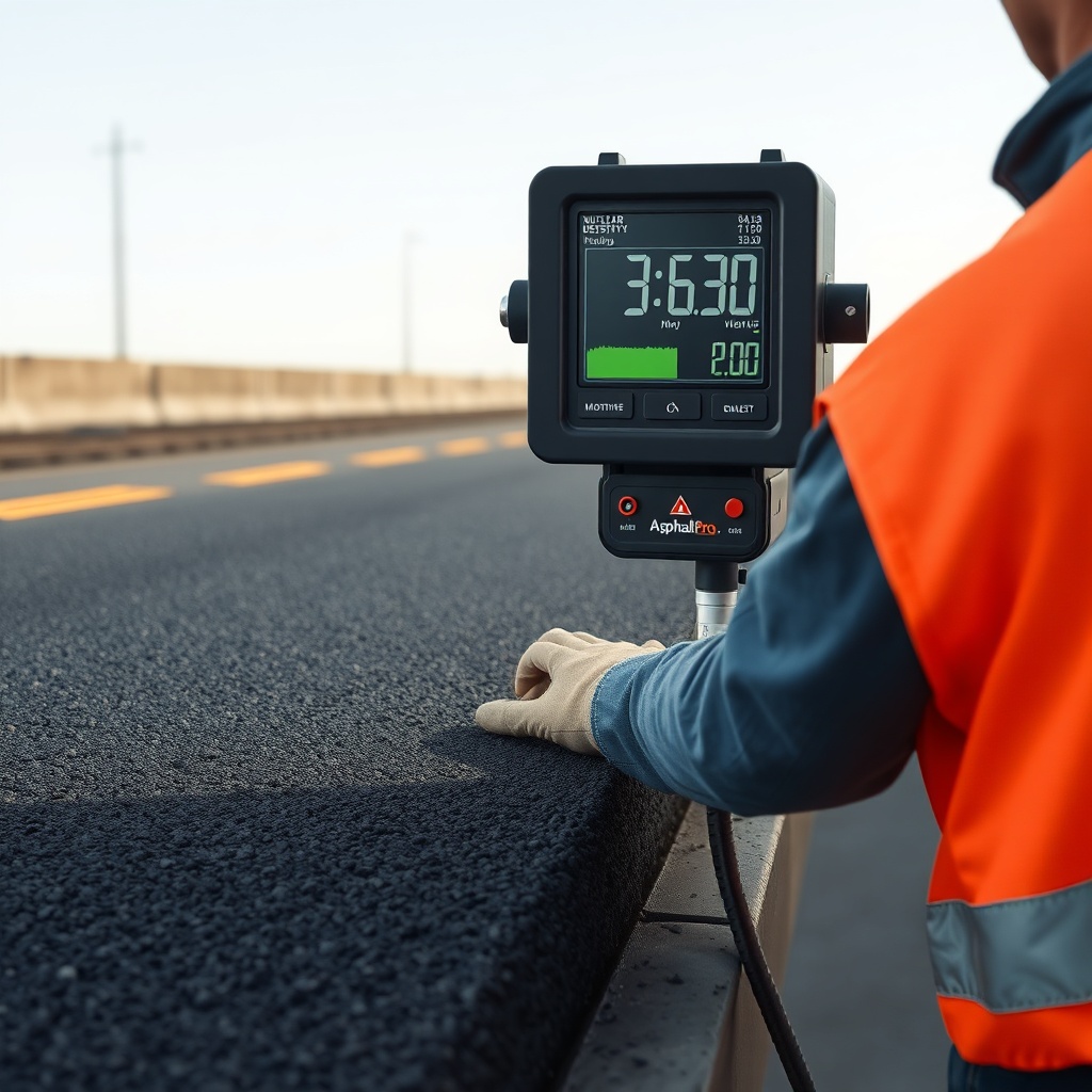 A photorealistic illustration of a technician using a nuclear density gauge on a freshly l