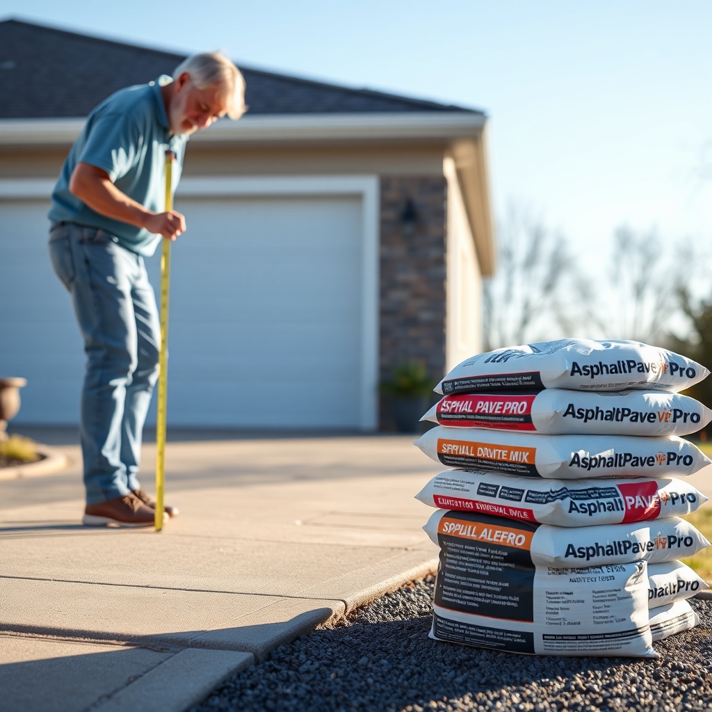 A clean photorealistic photo showing a homeowner measuring a driveway length with a tape m