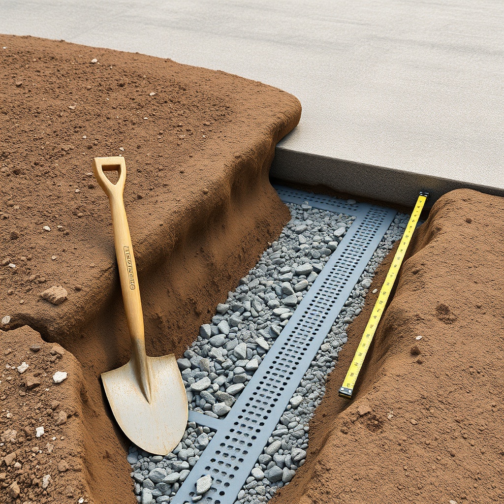 A clean photorealistic photo of a partly excavated driveway showing layered crushed stone