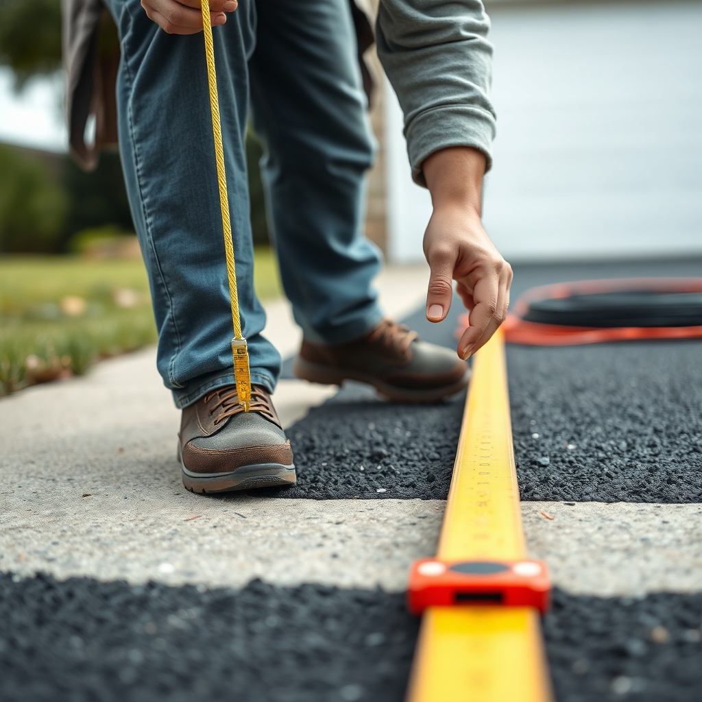 A photorealistic close-up of a DIY worker using a string line and level on a driveway