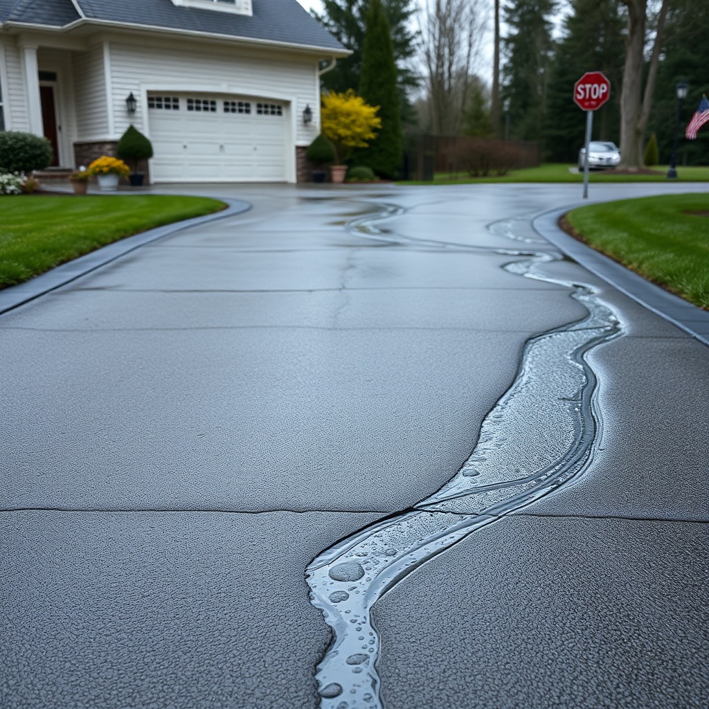 A photorealistic photo of a residential driveway with a clear cross-slope
