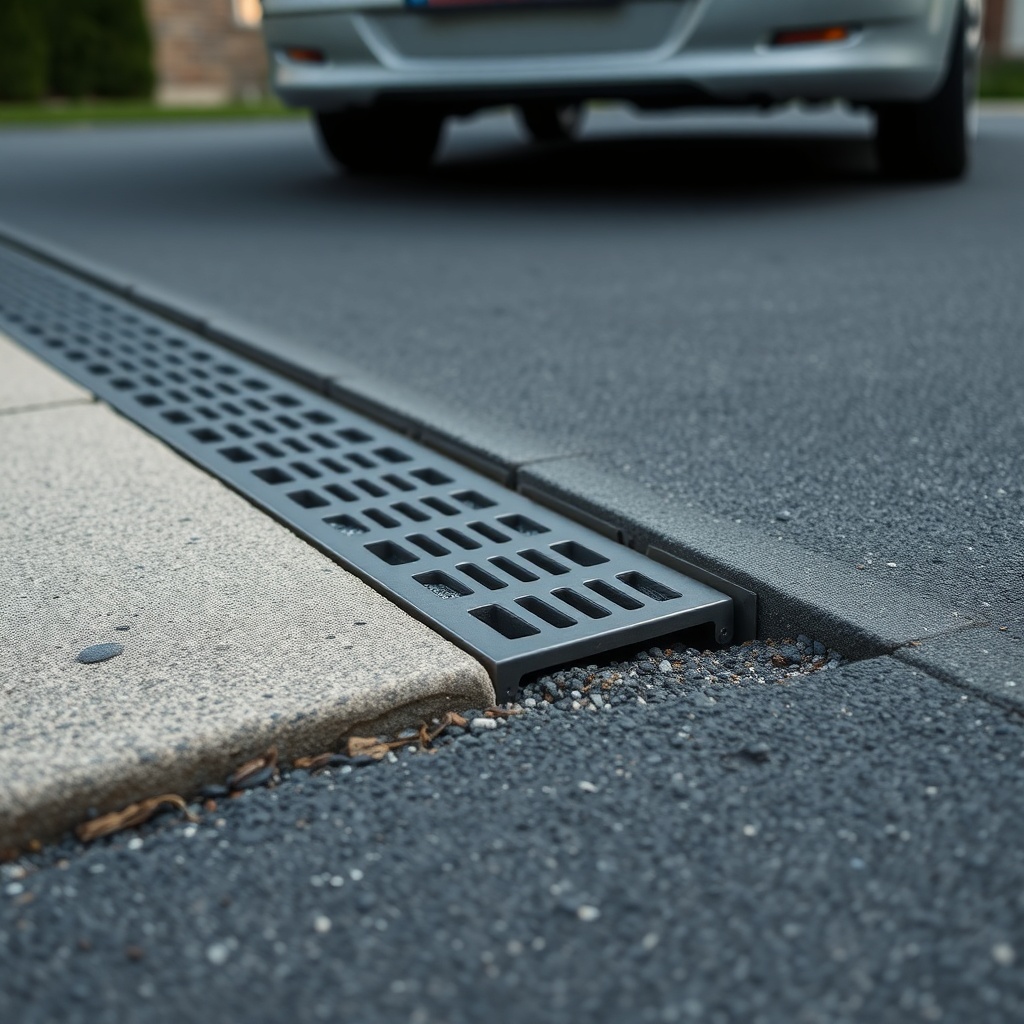 A photorealistic photo of a driveway edge showing a channel drain with a metal grate and g