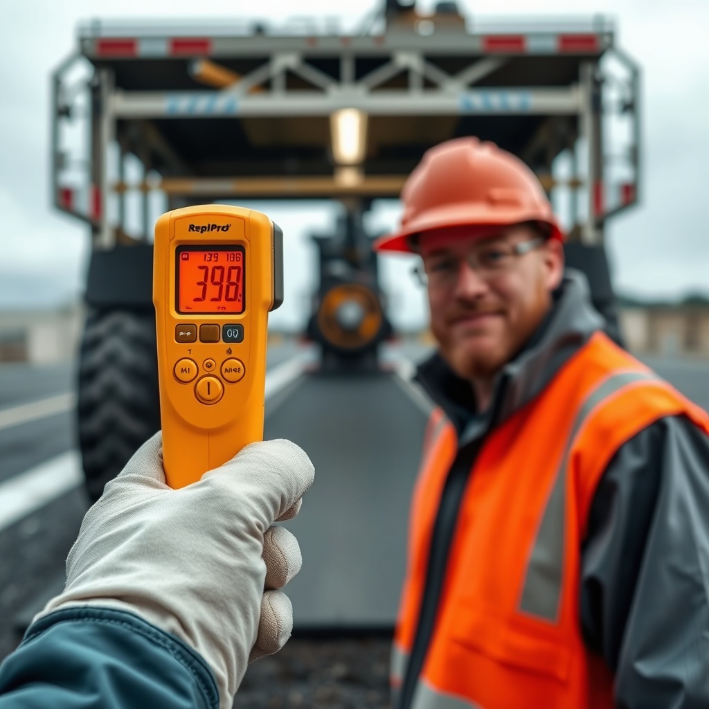 Worker with infrared thermometer checking AsphaltPavePro mat temperature immediately behin