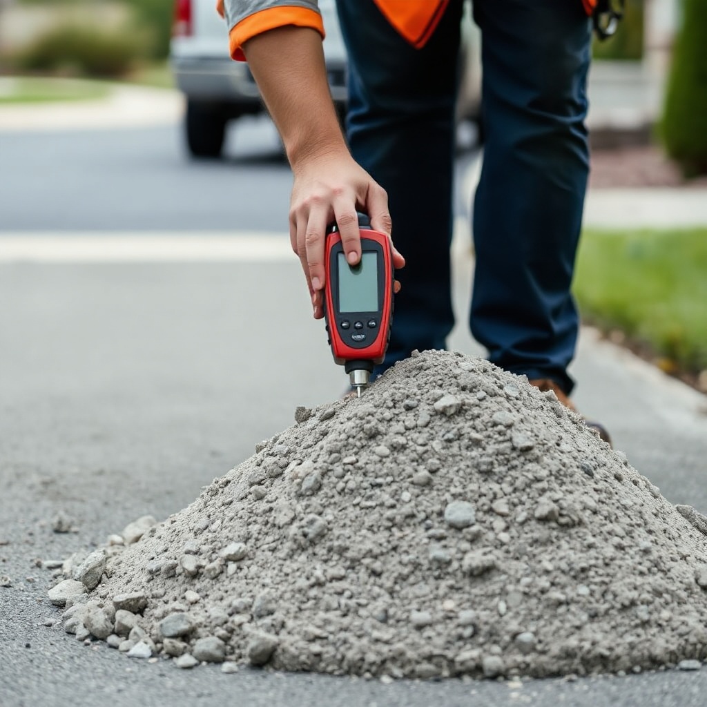 A clean photorealistic photo of a worker using a handheld moisture meter on a pile of Asph