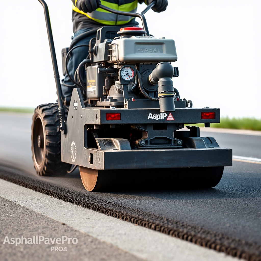 A clean photorealistic photo of a vibrating plate compactor being used on an AsphaltPavePr