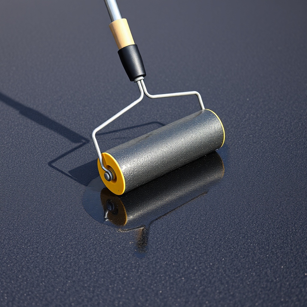 <Close-up of a paint roller applying dark