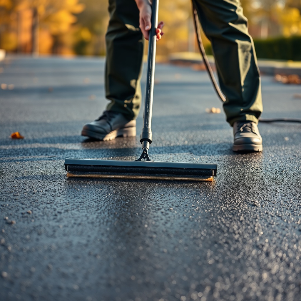 <A worker squeegeeing dark sealcoat onto asphalt with a long-handled rubber squeegee