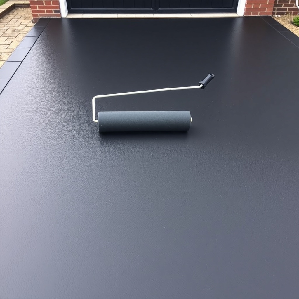<clean photorealistic photo of a UK driveway being sealcoated with a roller