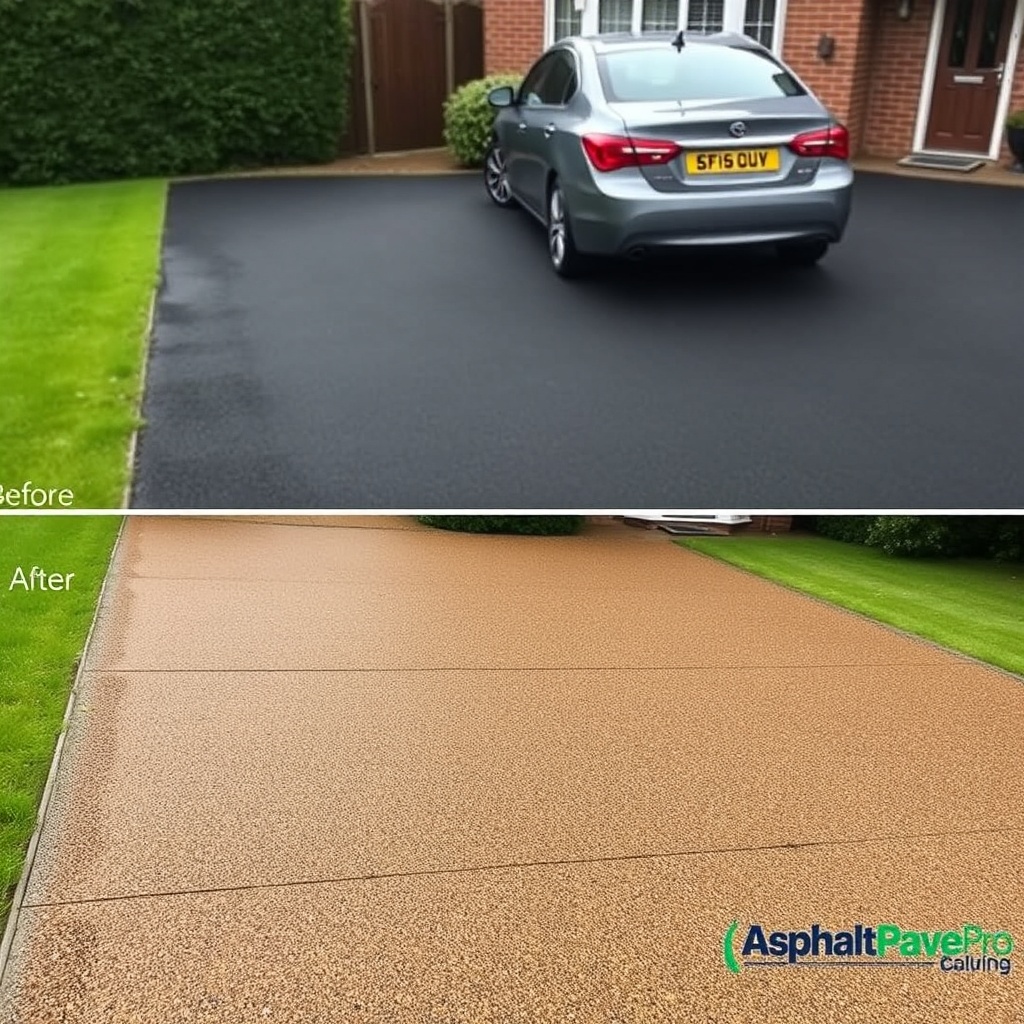 <clean photorealistic photo of a completed UK driveway with AsphaltPavePro sealcoat