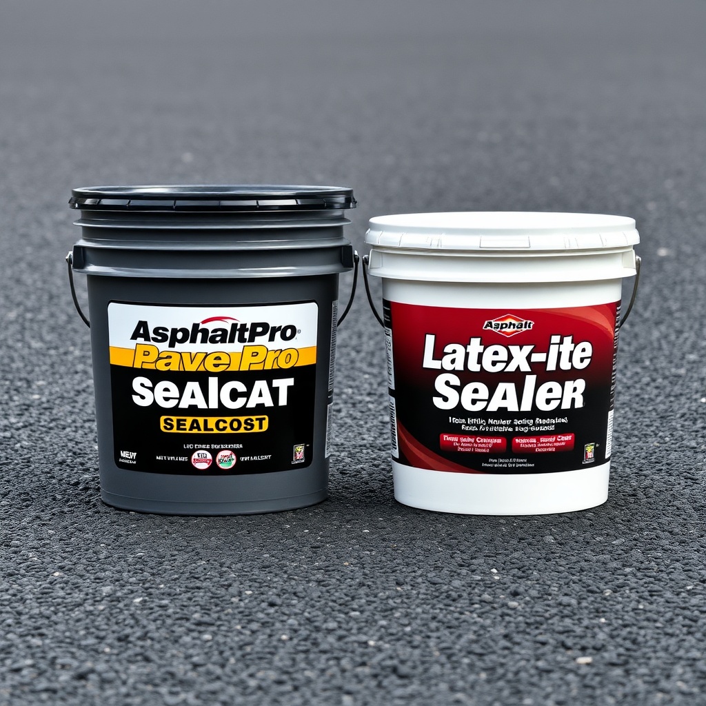 A clean photorealistic photo showing two buckets side by side—one labelled AsphaltPavePro