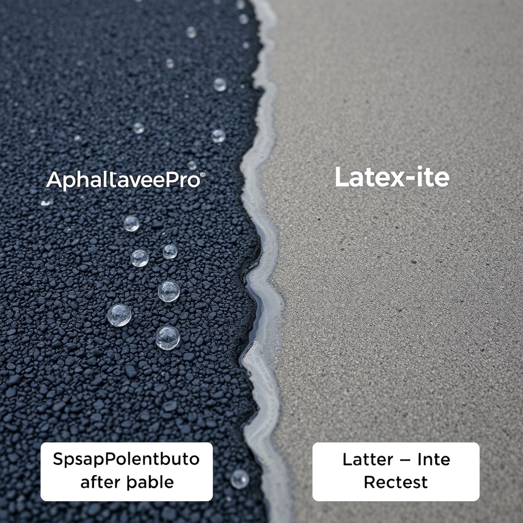 A clean photorealistic photo showing a close-up of two sealed asphalt patches after a simu