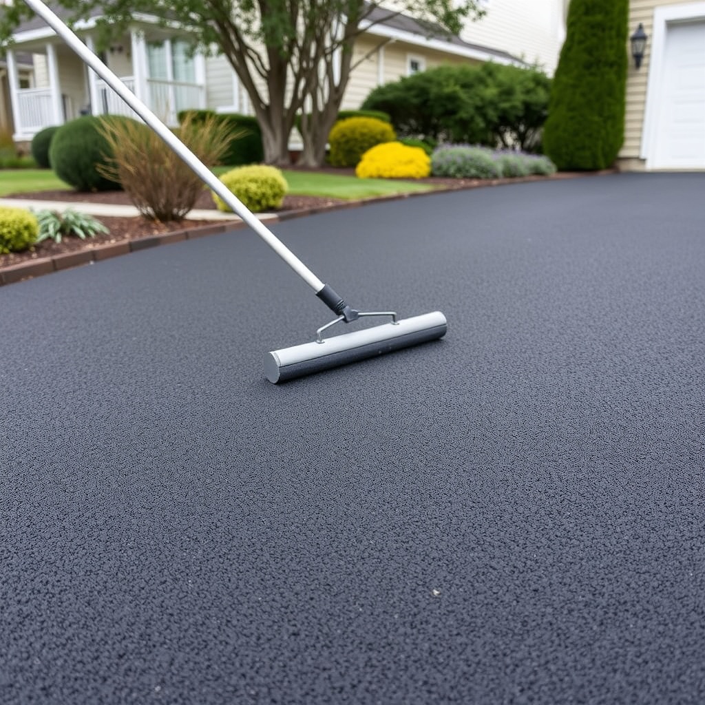 <clean photorealistic photo of AsphaltPavePro being applied with a squeegee on a residenti