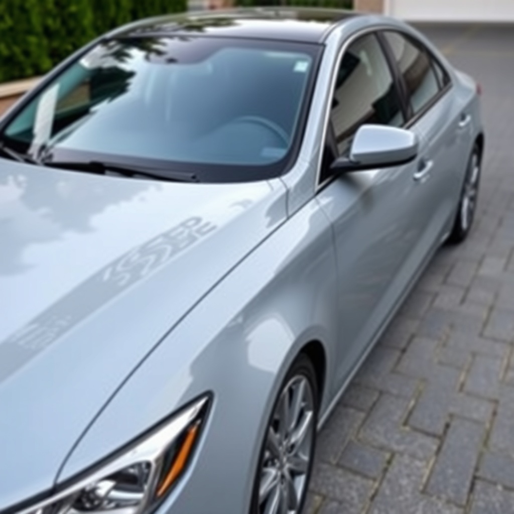 <clean photorealistic photo of a car parked on a driveway with one side coated in AsphaltP
