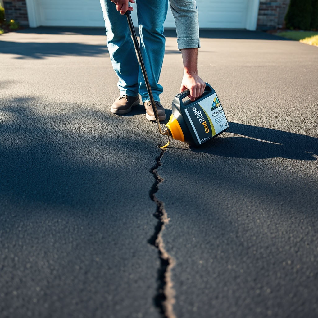 <clean photorealistic photo of a homeowner applying AsphaltPavePro sealcoat into hairline