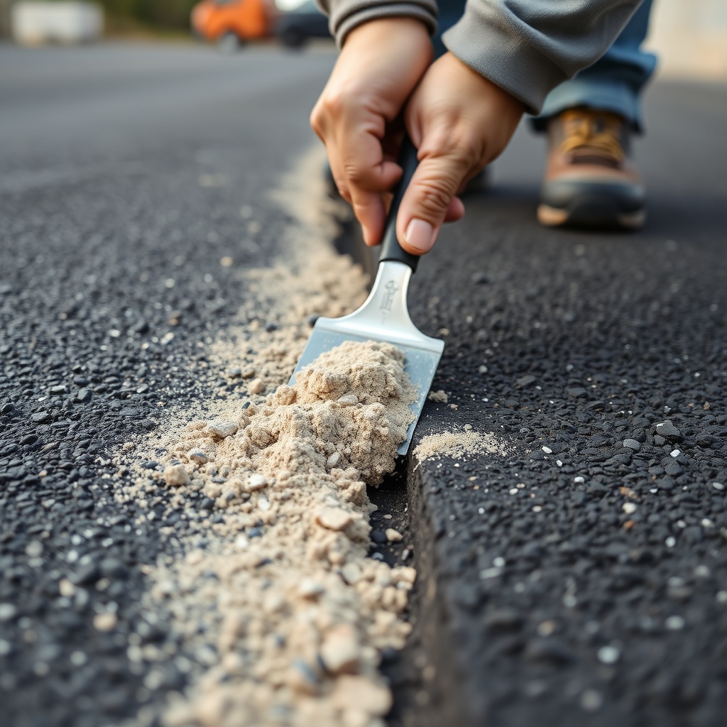 <clean photorealistic photo of a hand holding a trowel applying sand mix into a wide aspha