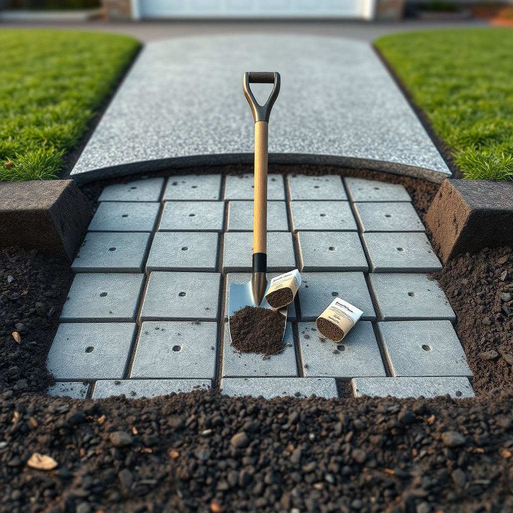 A clean photorealistic photo showing a cross-section of a driveway subgrade with a shovel