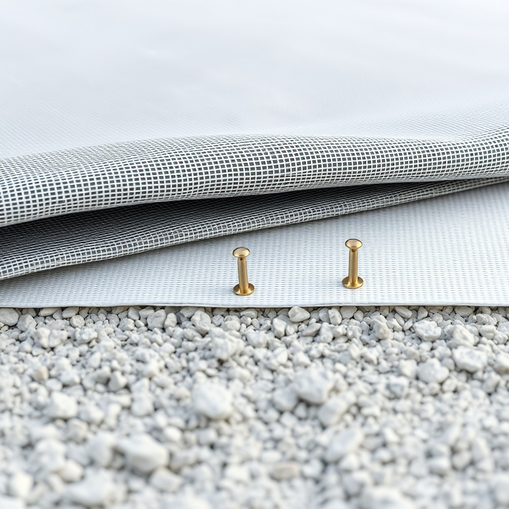 A clean photorealistic photo showing geotextile fabric being laid over compacted subgrade