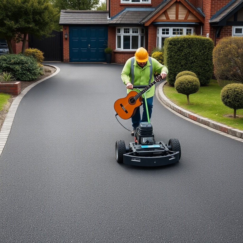 A clean photorealistic photo of a UK driveway with a contractor smoothing AsphaltPavePro w