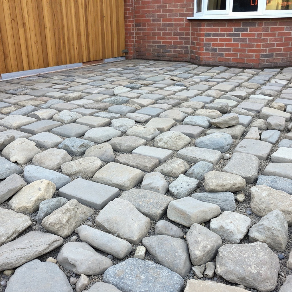 A clean photorealistic photo of a UK driveway base preparation showing compacted MOT stone
