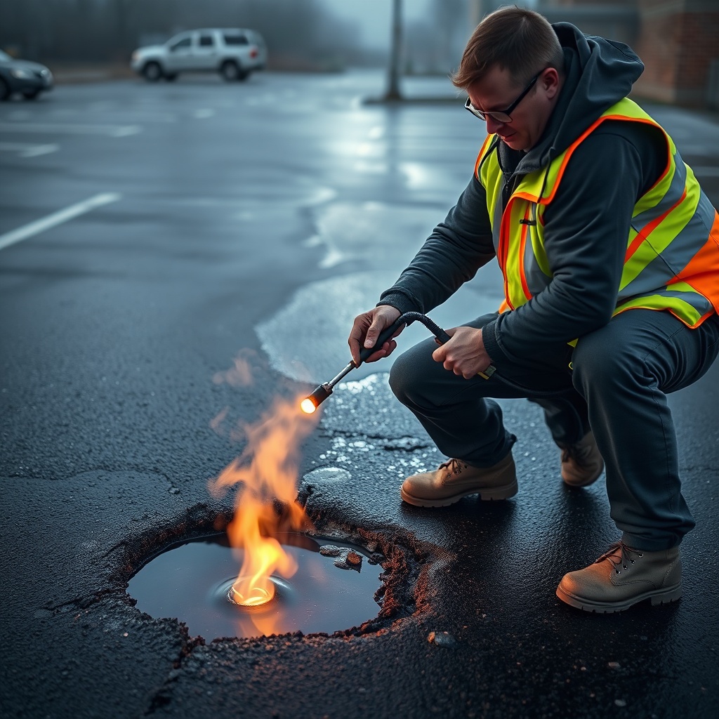 A photorealistic photo of a person using a propane torch to warm a pothole in a cold