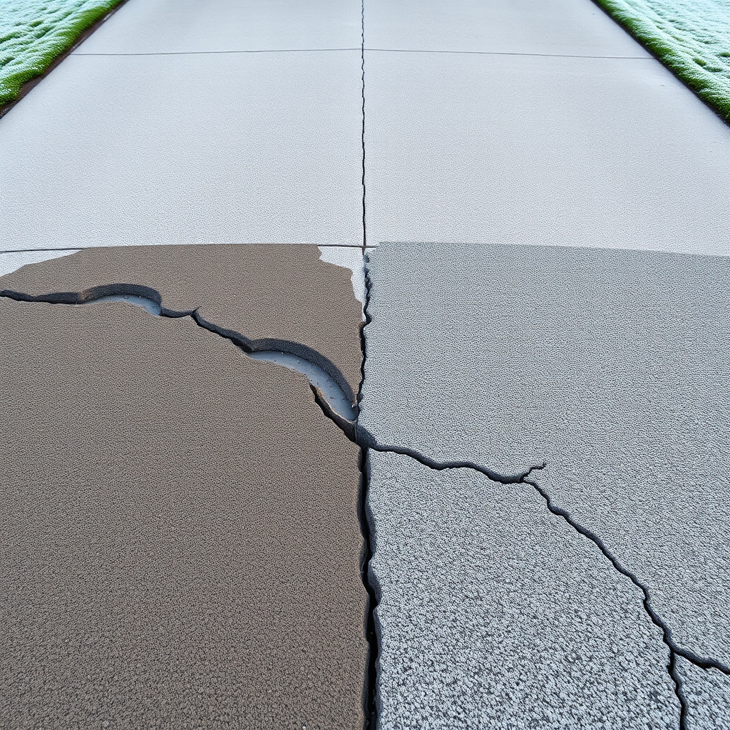 <clean photorealistic photo of a driveway showing two patches side by side after winter