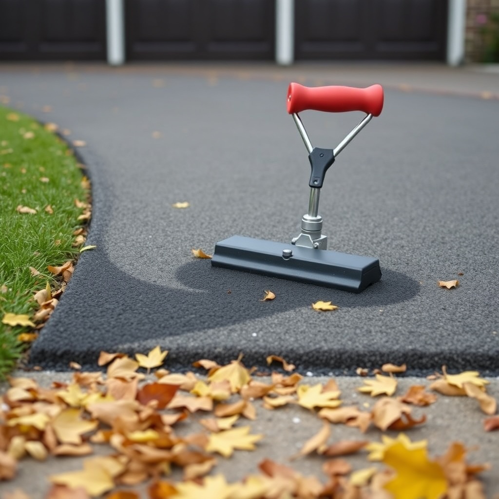 <clean photorealistic photo of a driveway with AsphaltPavePro patch being compacted with a