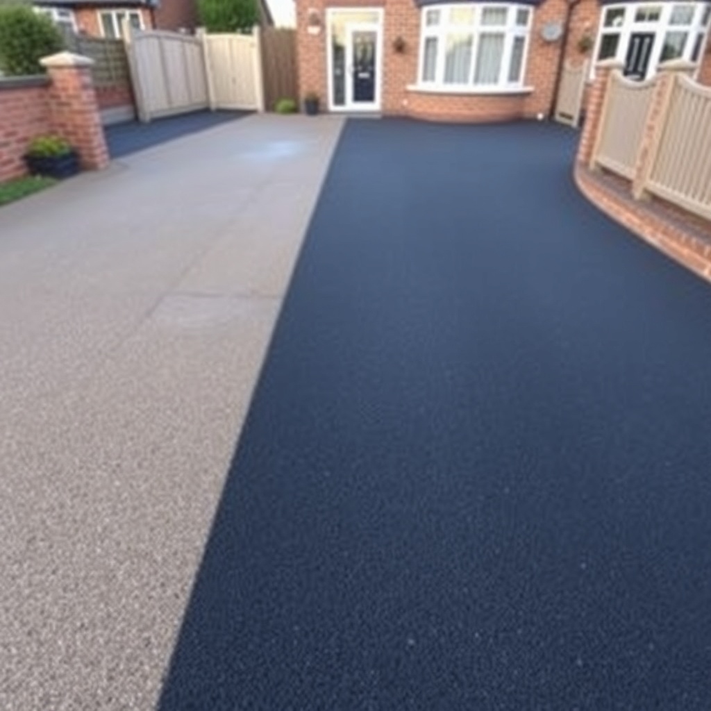<A clean photorealistic photo showing a residential asphalt driveway with Rust-Oleum Epoxy