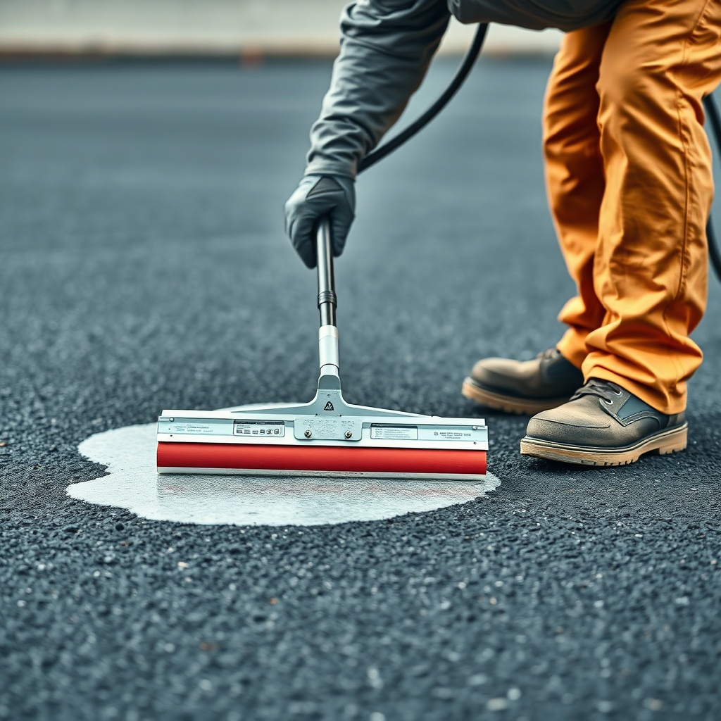 <A clean photorealistic photo showing a professional contractor applying Rust-Oleum EpoxyS