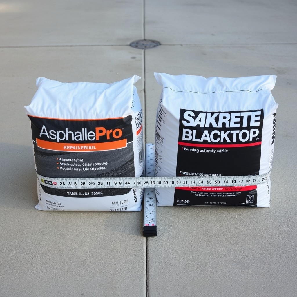A clean photorealistic photo showing two stacks of bagged asphalt repair materials side by
