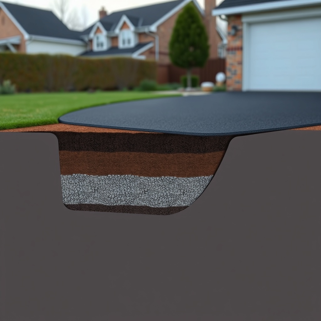 A photorealistic cross-section of residential driveway showing 250mm subgrade excavation w